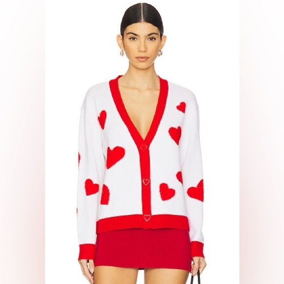 Alice + Olivia Sweaters - Alice + Olivia Bradley Intarsia White Red Heart VNeck Wool Blend Cardigan XS